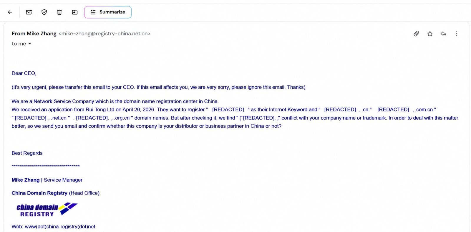 China domain registration scam