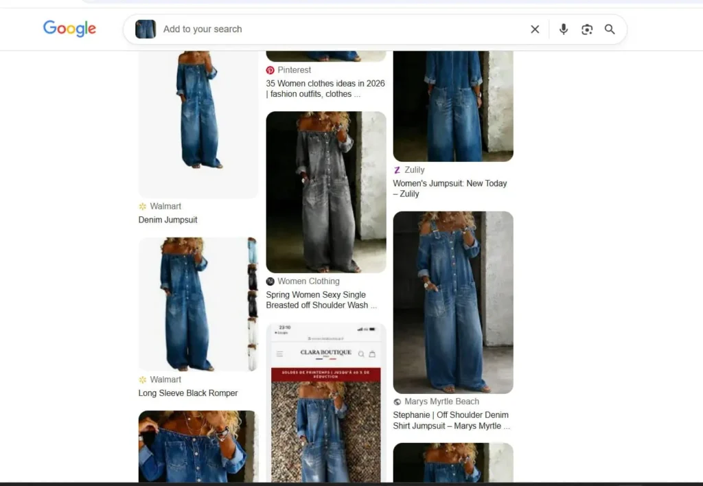 Google Lens reverse image search results showing that a denim jumpsuit from Marys Myrtle Beach uses the exact same stock product photography as Walmart and Zulily