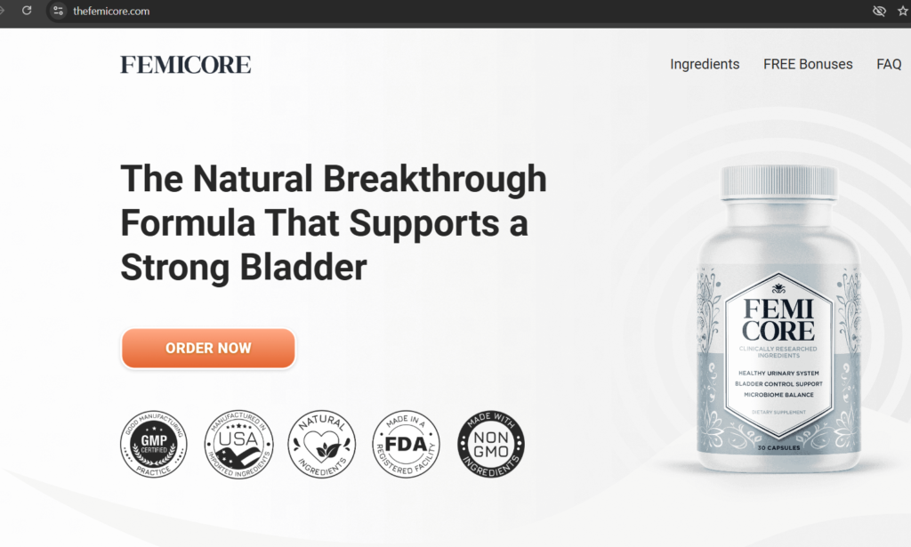 Homepage screenshot of theFemicore .com online shopping website