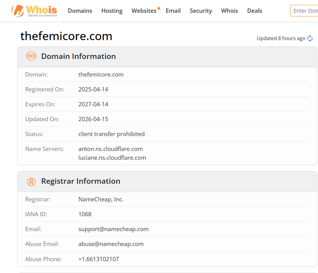 WHOIS lookup details for theFemicore.com domain registration