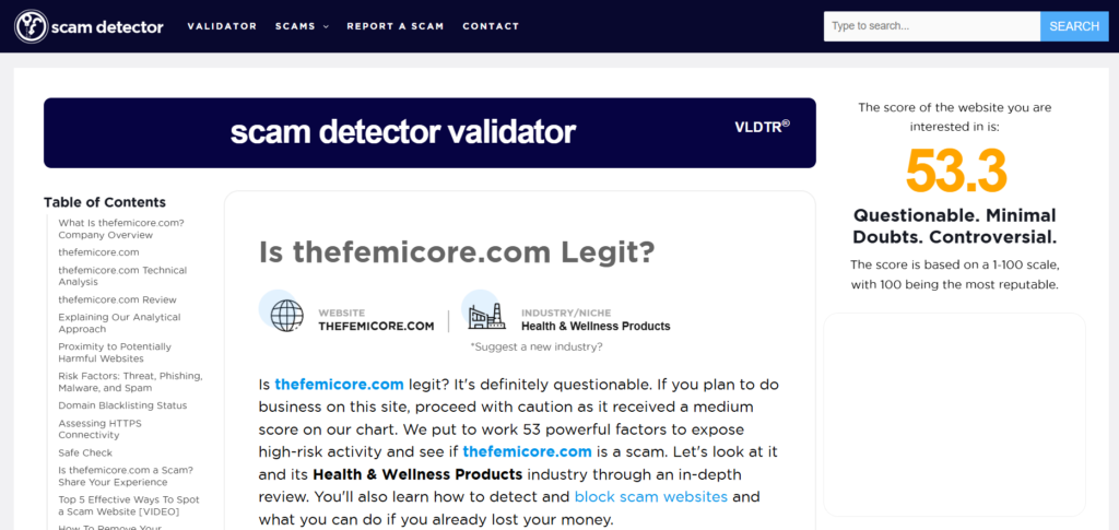 Scam-Detector trust score analysis for theFemicore.com website