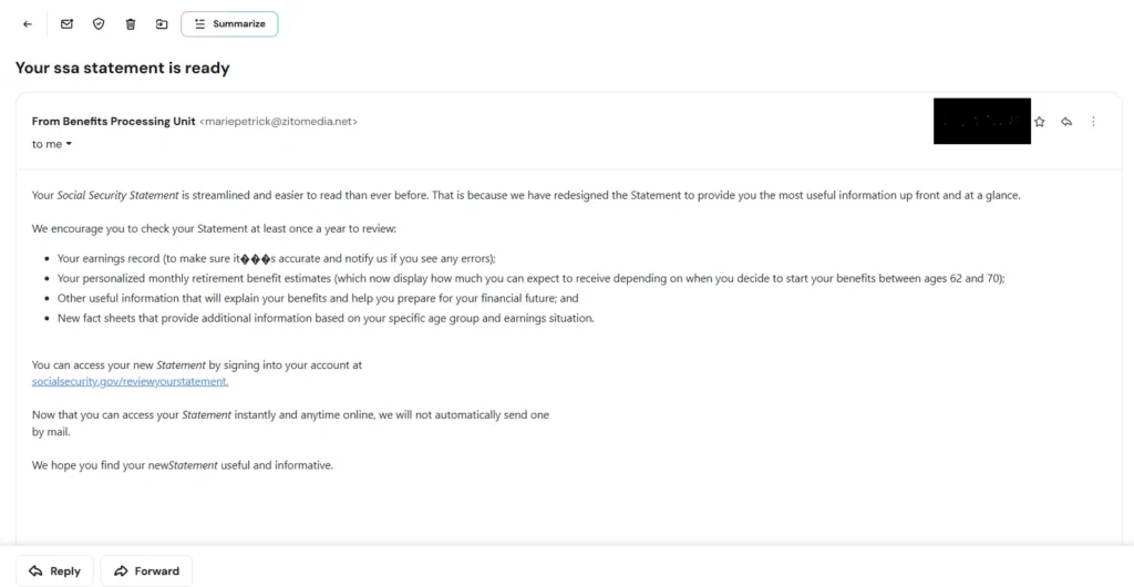 Screenshot of Fake Social Security Emails