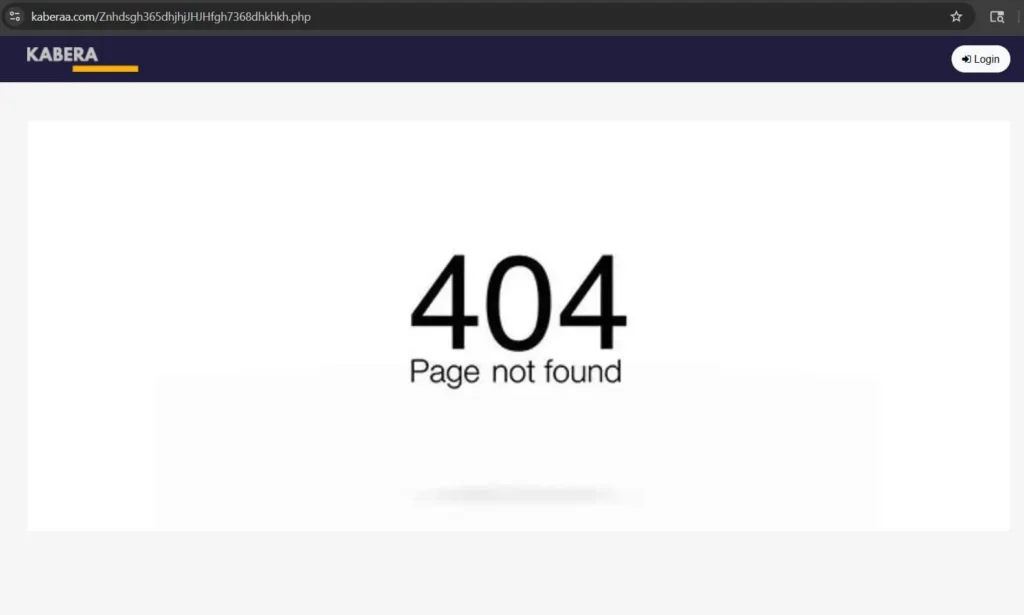 Fake 404 error page displayed after clicking suspicious SSA phishing email link redirecting to kaberaa.com.