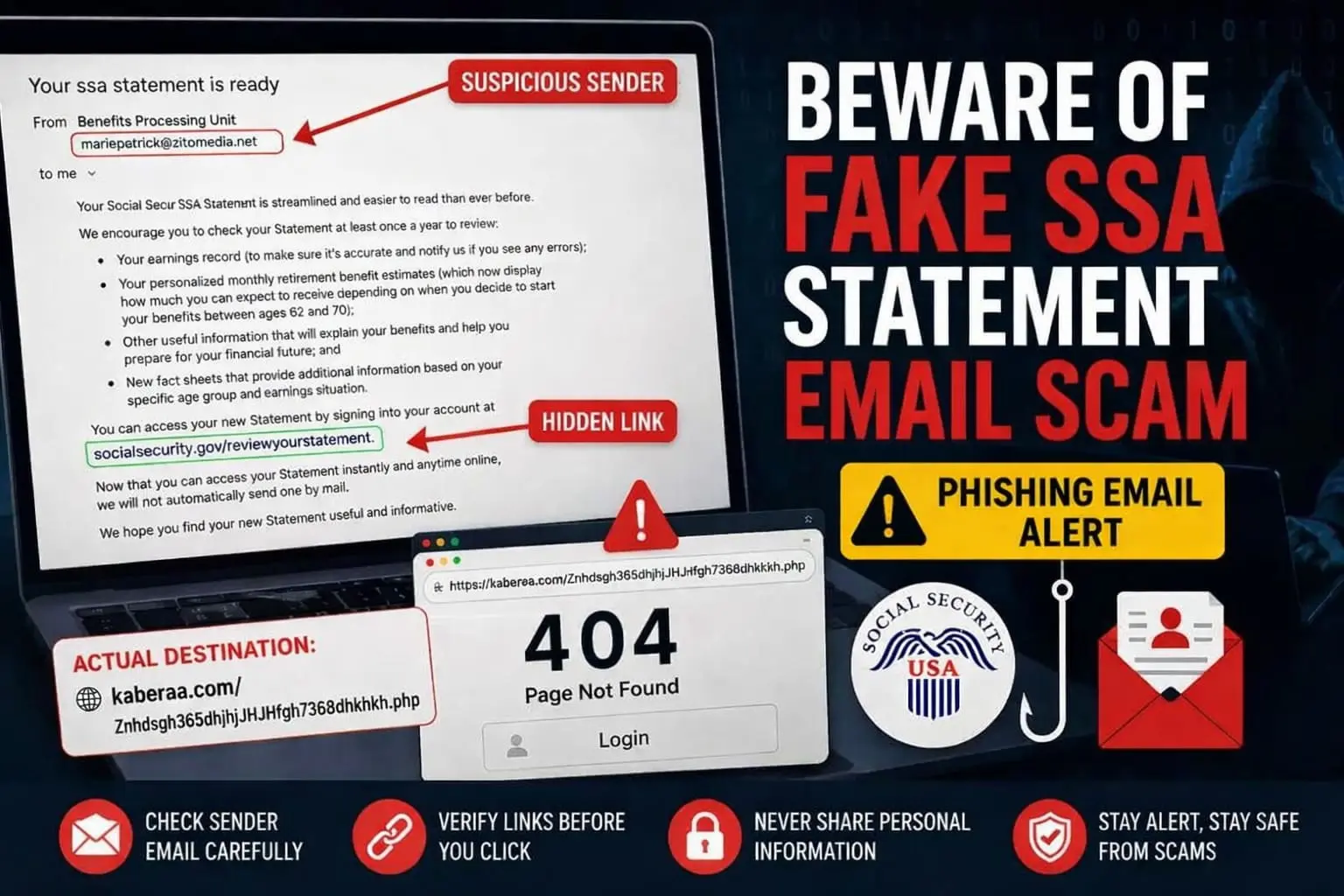 Laptop displaying a fake SSA statement phishing email from mariepetrick@zitomedia.net redirecting users to kaberaa.com with phishing warning signs and fake login page.