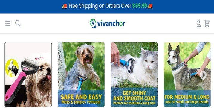 Suspicious pet grooming website Vivanchor.com displayed on laptop with warning symbols and online shopping scam concept
