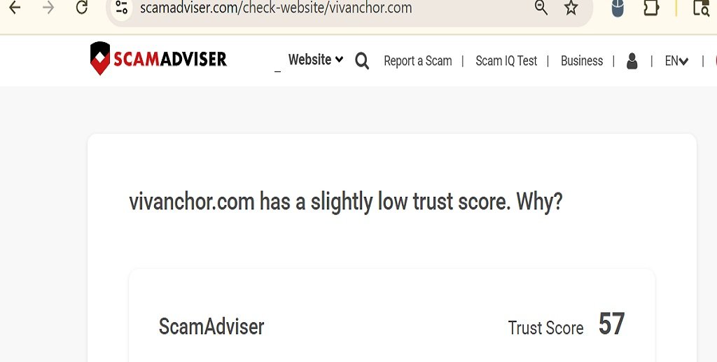 ScamAdviser trust score page for Vivanchor.com showing low trust rating and website risk analysis details