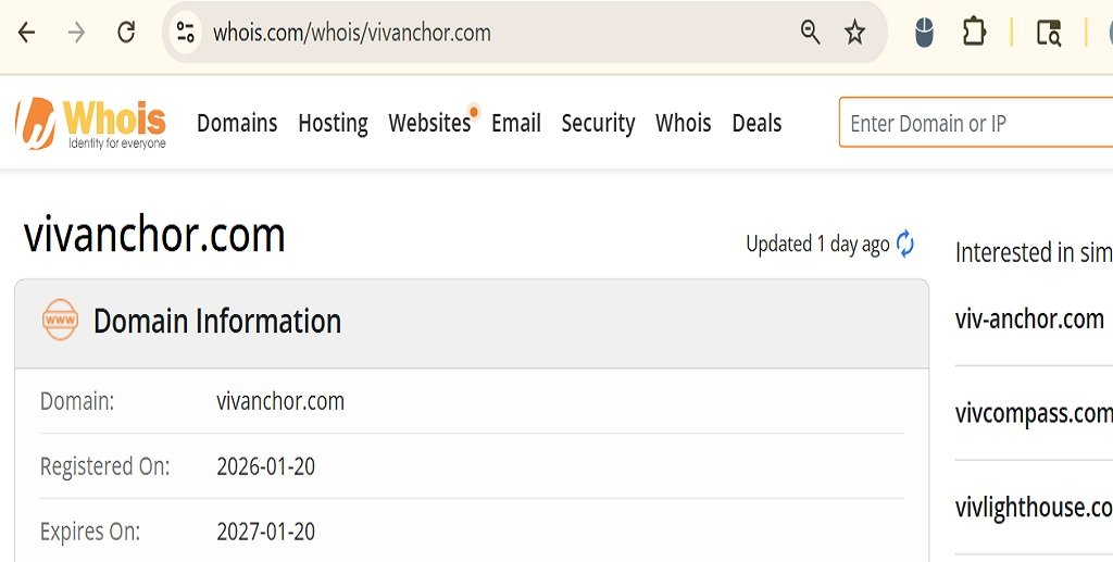 WHOIS domain registration details for Vivanchor.com showing January 2026 registration date and short-term domain ownership information