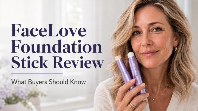 Woman holding FaceLove Foundation Stick products beside the headline FaceLove Foundation Stick Review