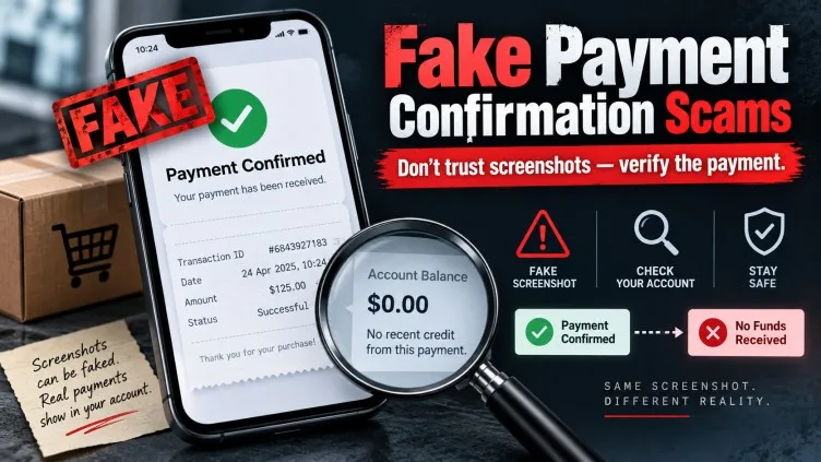 Fake payment confirmation scam showing a false payment receipt and warning to verify funds before shipping.