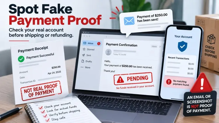 Fake payment confirmation scam showing a false payment receipt and warning to verify funds before shipping.