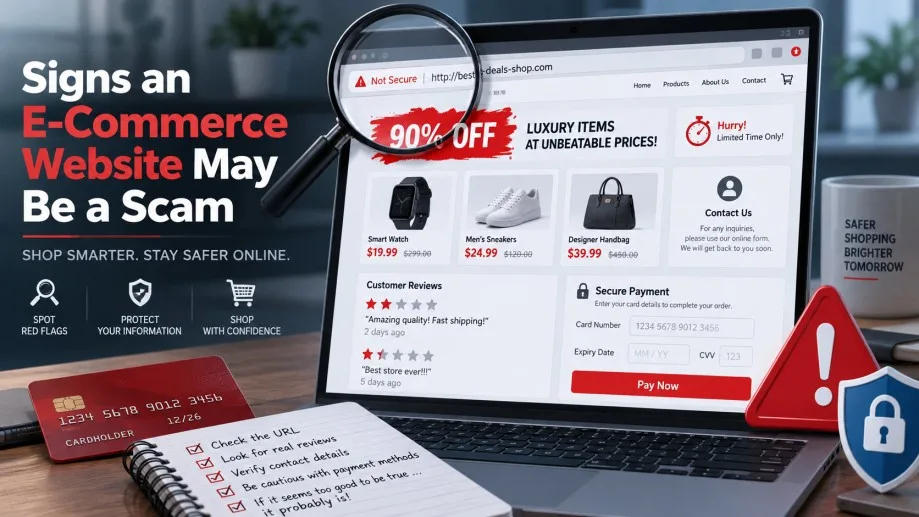 Signs an e-commerce website may be a scam with fake discounts, suspicious reviews, payment risks, and online shopping warning signs.
