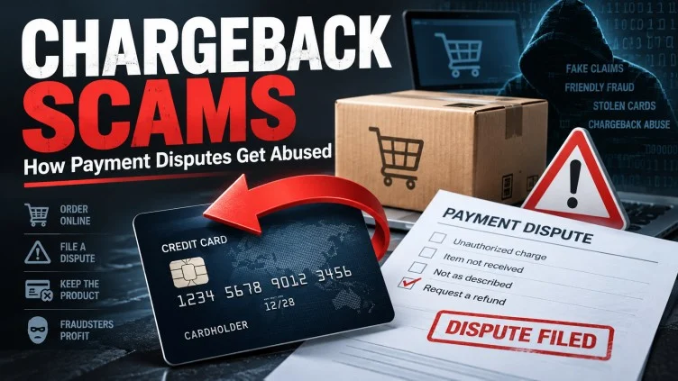 Chargeback scams explained with credit card disputes, refund fraud, and online payment warning signs