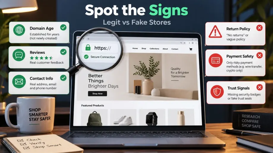 Legit vs fake online stores comparison showing trust signals and common scam warning signs