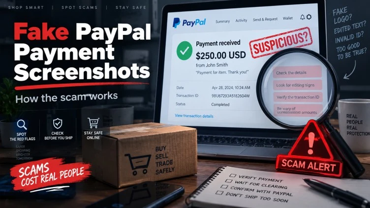 Feature image showing a fake PayPal payment screenshot scam and the need to verify payment before shipping an item.