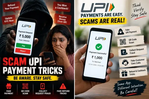 Scam UPI payment tricks including fake QR codes, refund scams, collect requests, and UPI PIN fraud