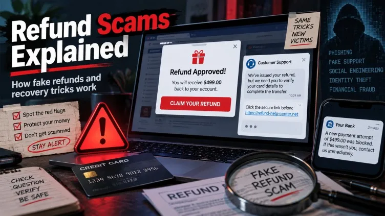 Refund scams explained with fake refund warning signs and online fraud risks