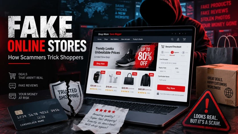 How scammers create fake online stores using copied products, fake reviews, discounts, and misleading trust signals