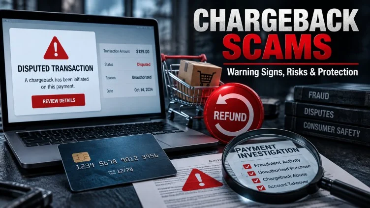 Chargeback scams explained with credit card disputes, refund fraud, and online payment warning signs