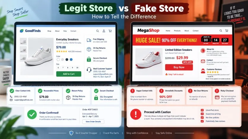 Legit vs fake online stores comparison showing trust signals and common scam warning signs