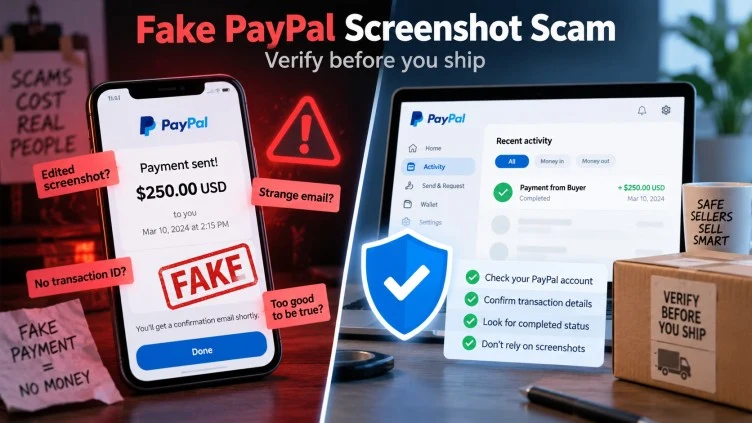 Feature image showing a fake PayPal payment screenshot scam and the need to verify payment before shipping an item.