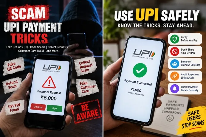 Scam UPI payment tricks including fake QR codes, refund scams, collect requests, and UPI PIN fraud