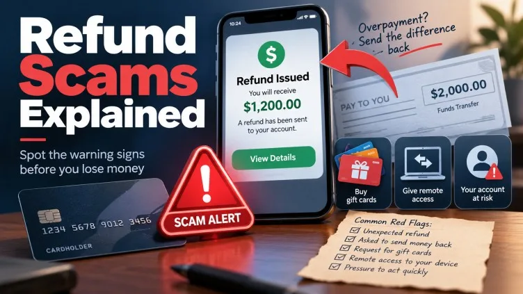 Refund scams explained with fake refund warning signs and online fraud risks