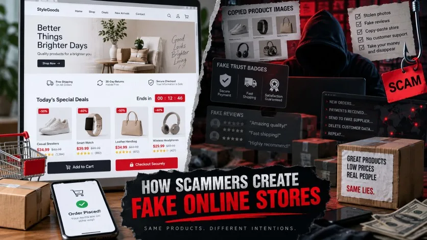 How scammers create fake online stores using copied products, fake reviews, discounts, and misleading trust signals