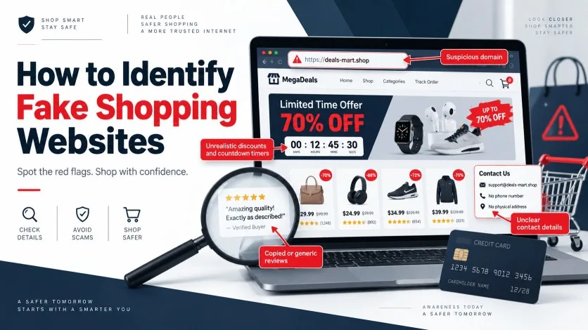 How to identify fake shopping websites using domain checks, unrealistic discounts, reviews, and contact information