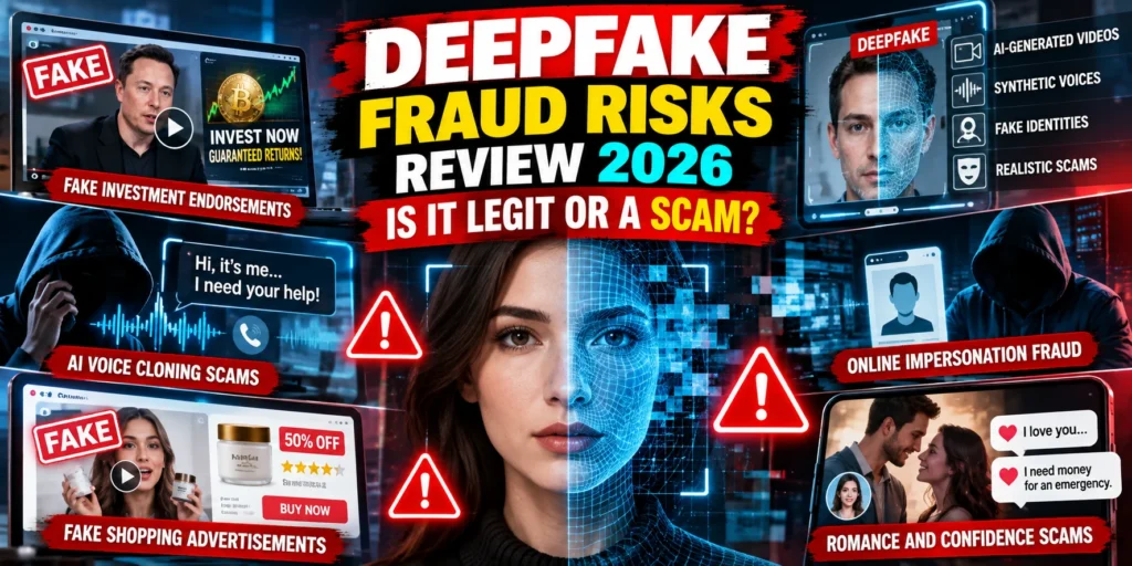 Deepfake fraud risks review 2026 featuring an AI-generated face, fake investment endorsements, AI voice-cloning scams, fraudulent shopping advertisements, online impersonation, and romance scams, with prominent warning symbols and a “Is It Legit or a Scam?”