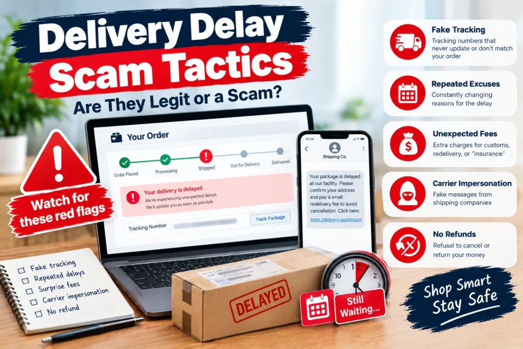 Delivery delay scam tactics showing fake tracking, repeated shipping excuses, unexpected fees, carrier impersonation, and refund risks