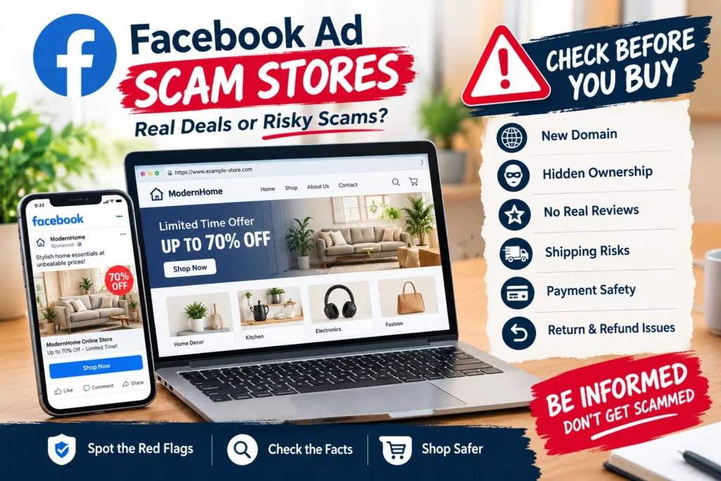 Facebook ad scam stores warning showing a suspicious online store, misleading discount ad, new domain, hidden ownership, missing reviews, shipping risks, payment concerns, and return issues.
