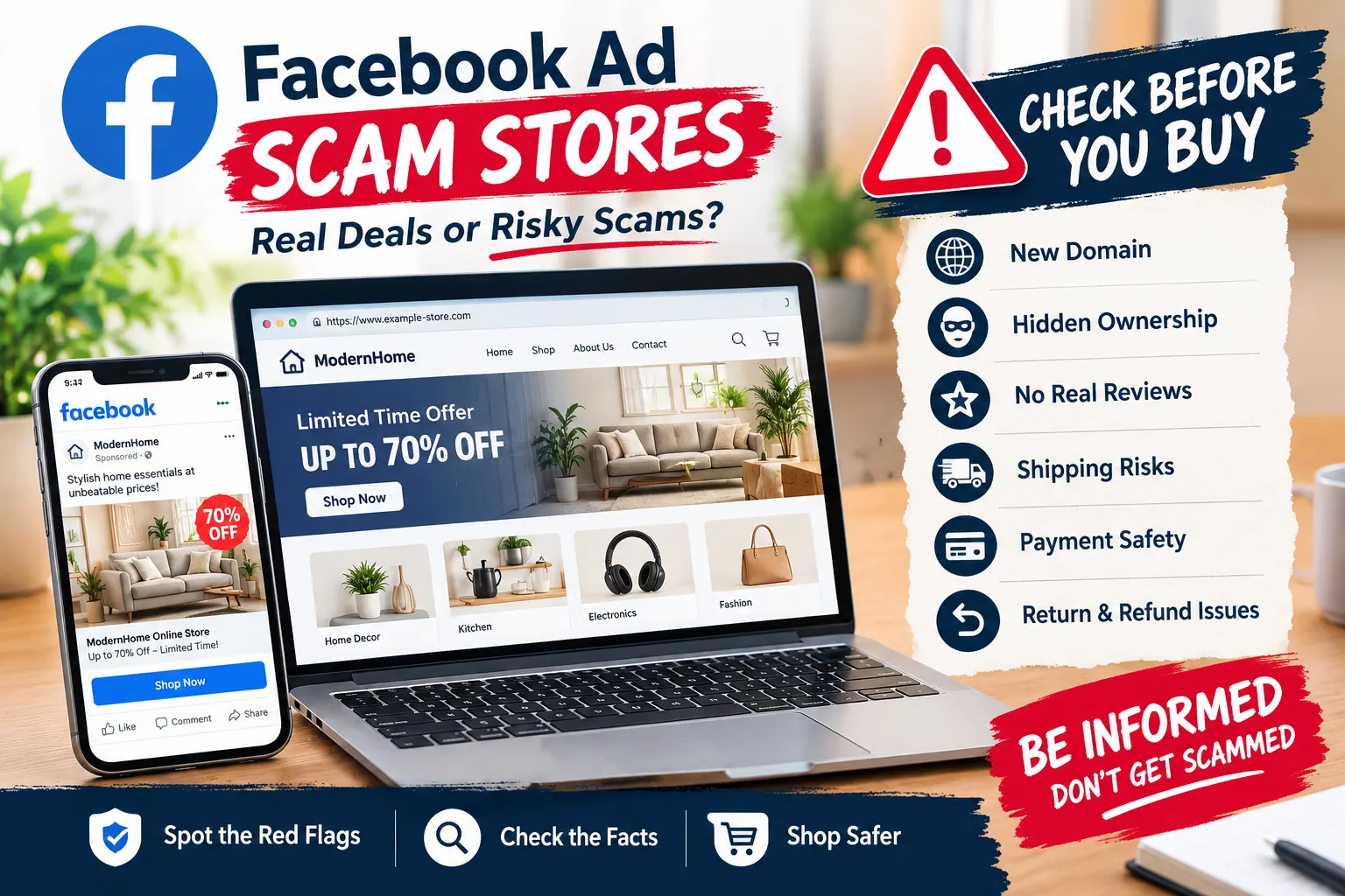 Facebook ad scam stores warning showing a suspicious online store, misleading discount ad, new domain, hidden ownership, missing reviews, shipping risks, payment concerns, and return issues.