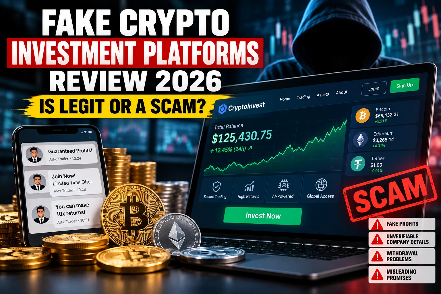 Fake crypto investment platforms review 2026 showing a suspicious cryptocurrency trading dashboard, fabricated profit claims, Bitcoin and Ethereum coins, misleading investment messages, and warnings about withdrawal problems and unverifiable company details.