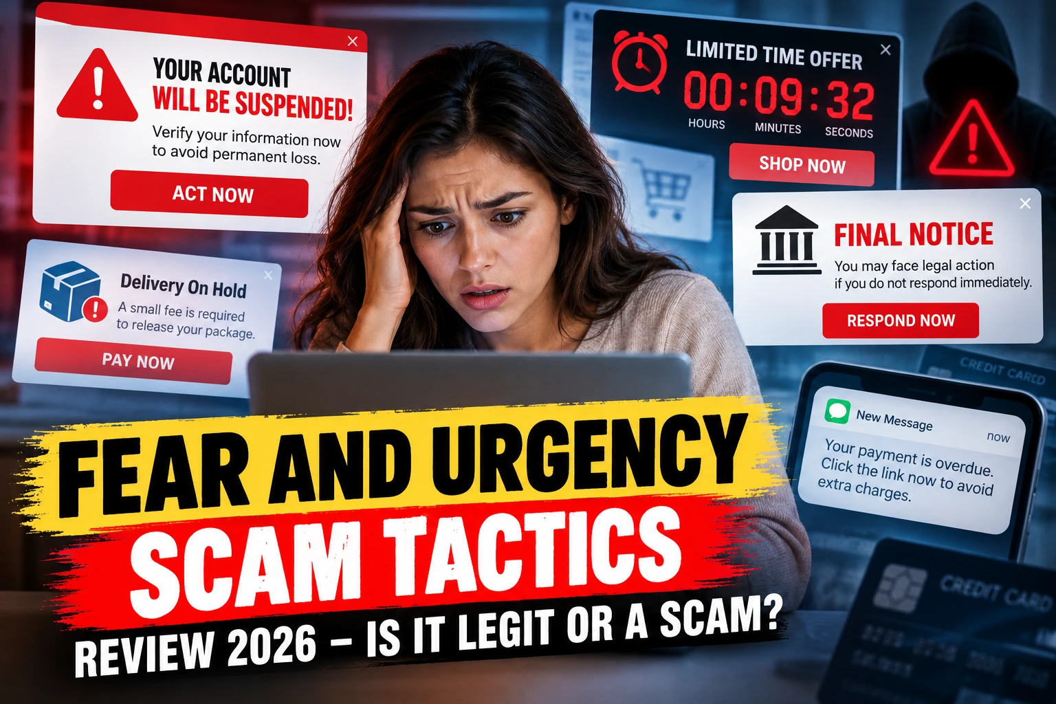 Fear and urgency scam tactics review 2026 feature image showing a worried online shopper surrounded by urgent account suspension alerts, fake delivery notices, countdown timers, payment demands, and legal threat messages.