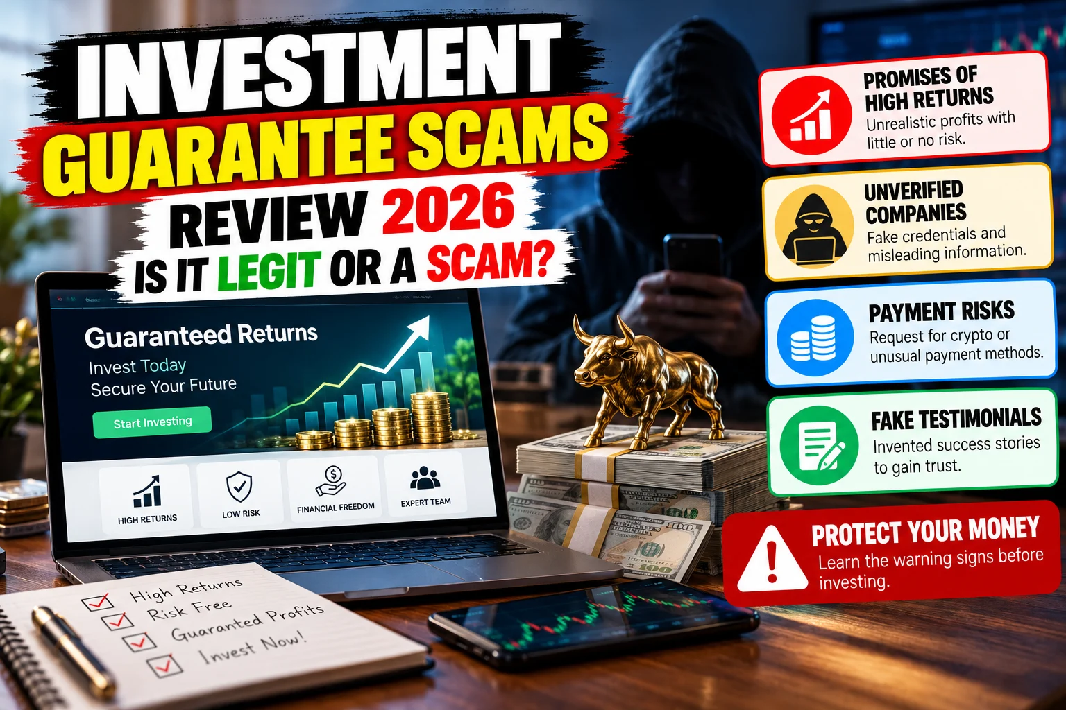 Investment Guarantee Scams Review 2026 featured image showing a laptop displaying guaranteed investment returns, stacks of cash, a gold bull, and a shadowy figure, with warning panels highlighting unrealistic profit promises, unverified companies, risky payment methods, and fake testimonials.