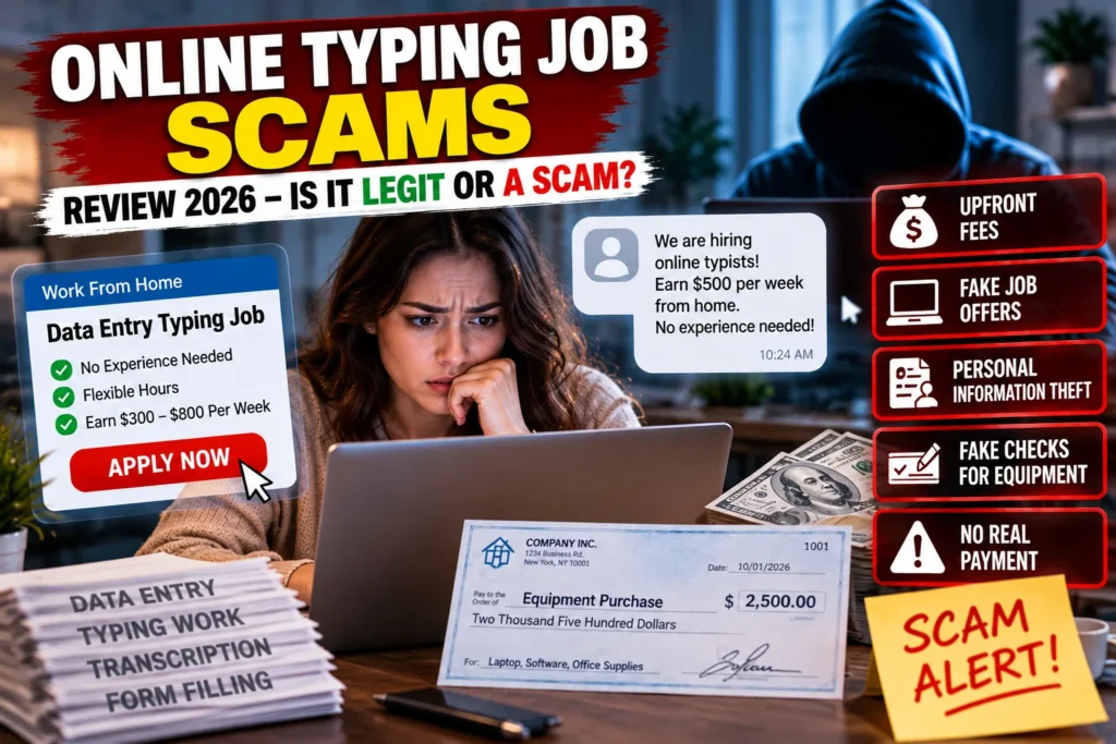 Online typing job scam warning showing fake work-from-home offers, upfront fees, fake equipment checks, personal information risks, and fraudulent payment promises.