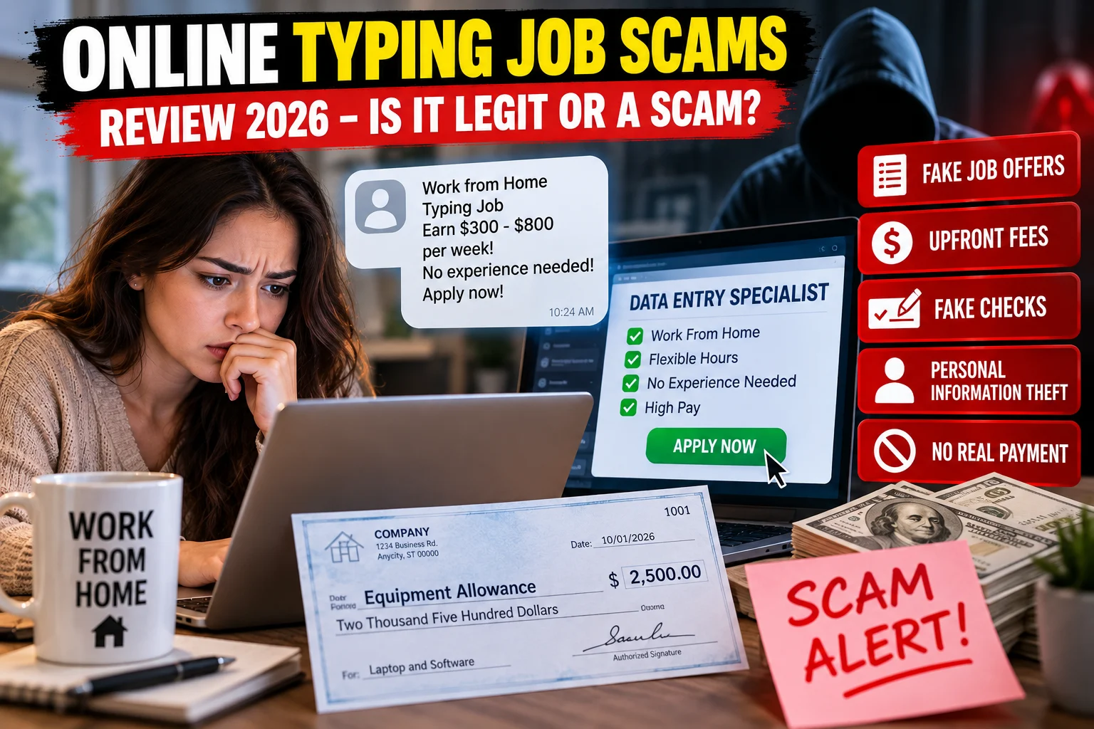 Online typing job scam warning showing a fake work-from-home job offer, suspicious data-entry listing, upfront fees, fake checks, and personal information risks.
