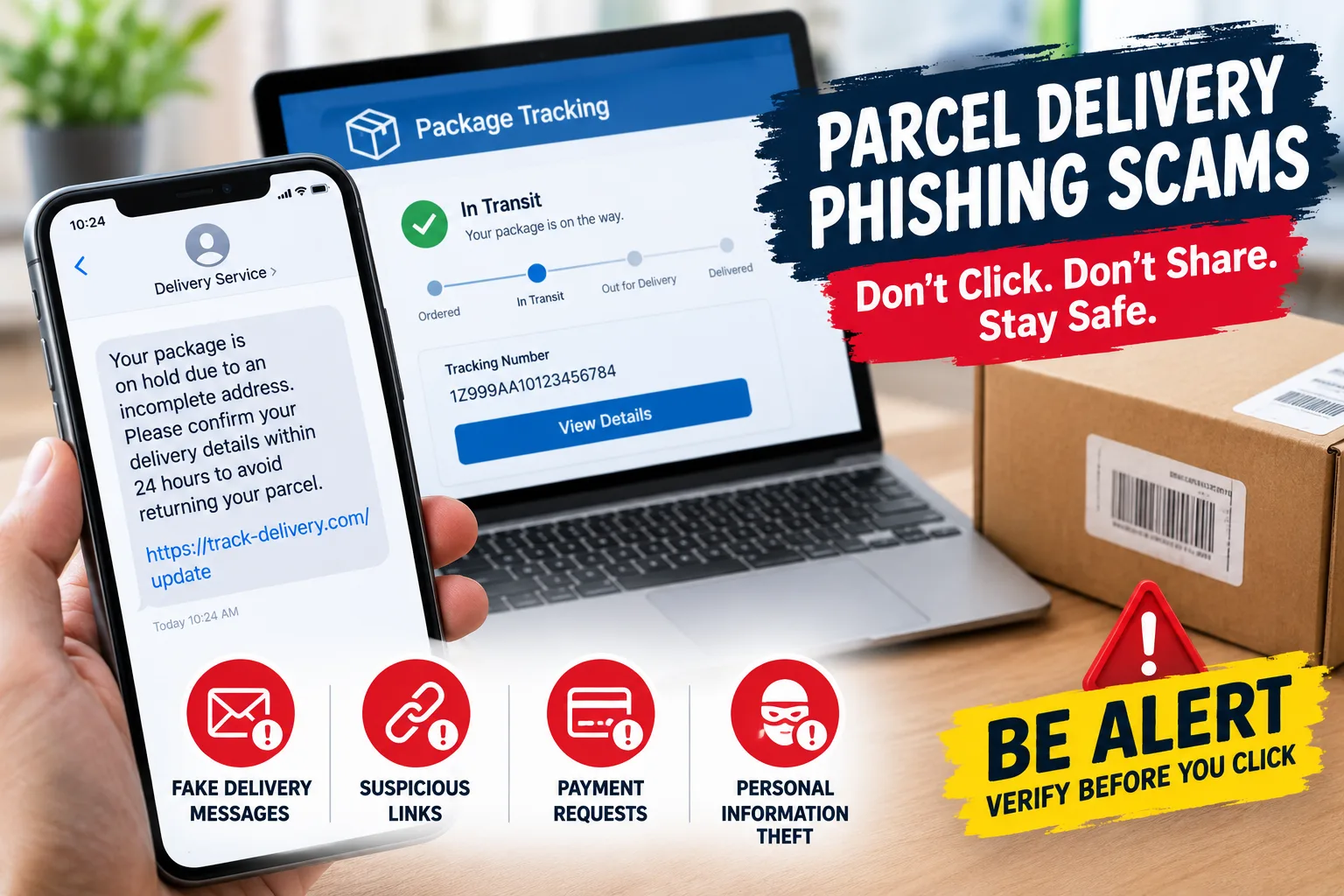 Parcel delivery phishing scam warning showing a suspicious delivery text, fake tracking page, and online fraud risks