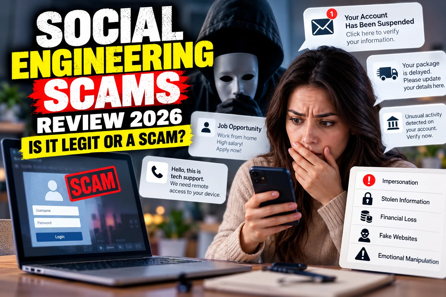 Social engineering scams review image showing a suspicious account verification message, fake job offer, fraudulent tech support alert, scam login screen, and a concerned woman checking her phone.