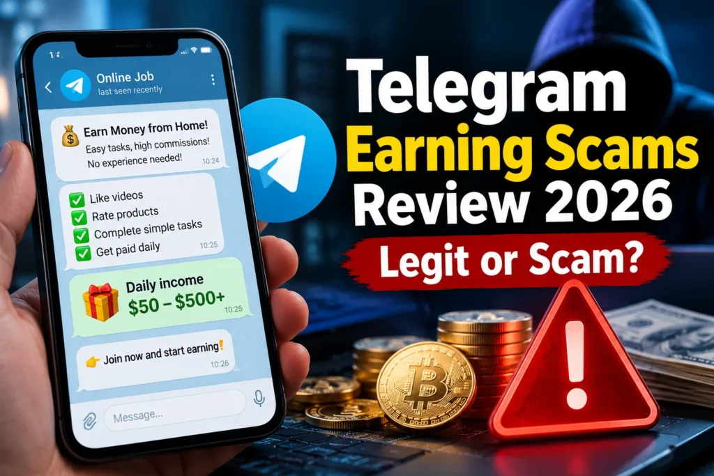 Telegram earning scams review 2026 showing suspicious online job offers, cryptocurrency, and a scam warning symbol.