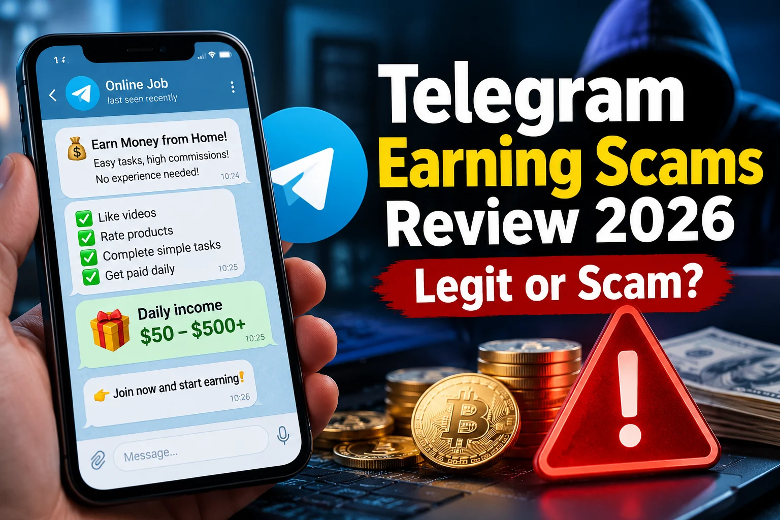 Telegram earning scams review 2026 showing suspicious online job offers, cryptocurrency, and a scam warning symbol.