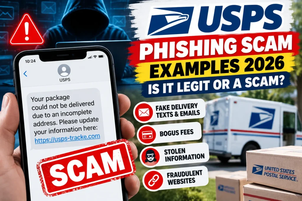 USPS phishing scam examples 2026 showing a fake package-delivery text, a suspicious tracking link, a red scam warning, a postal delivery truck, and alerts about bogus fees, stolen information, and fraudulent websites.